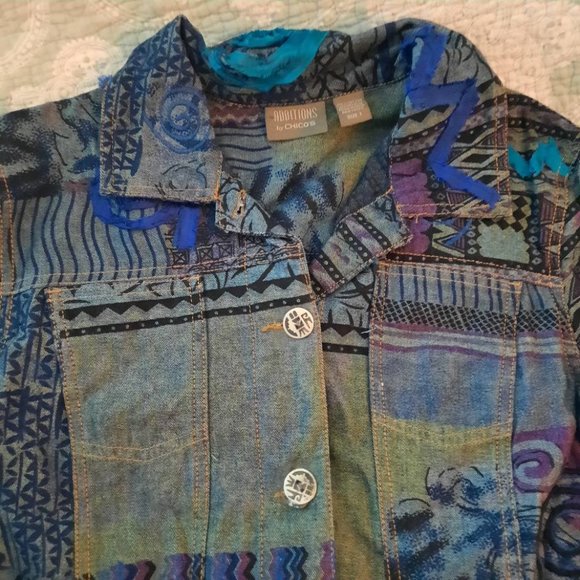 Chico's artsy jean denim jacket mixed media size 1 (s 8/10) - Picture 6 of 7